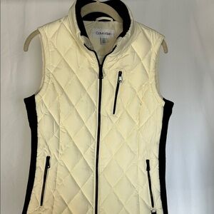 Cream and black quilted fitted vest by Calvin Klein with ribbed knit details sm